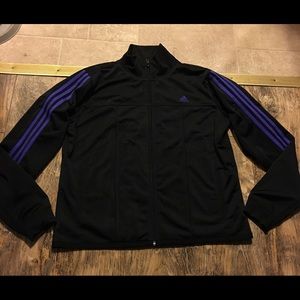black adidas jacket with purple stripes